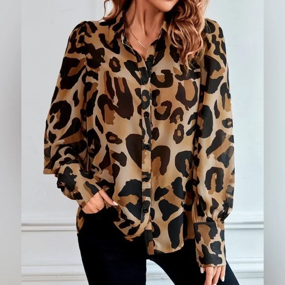 Leopard Print Sheer Button Down Shirt Top Blouse - Picture 4 of 6